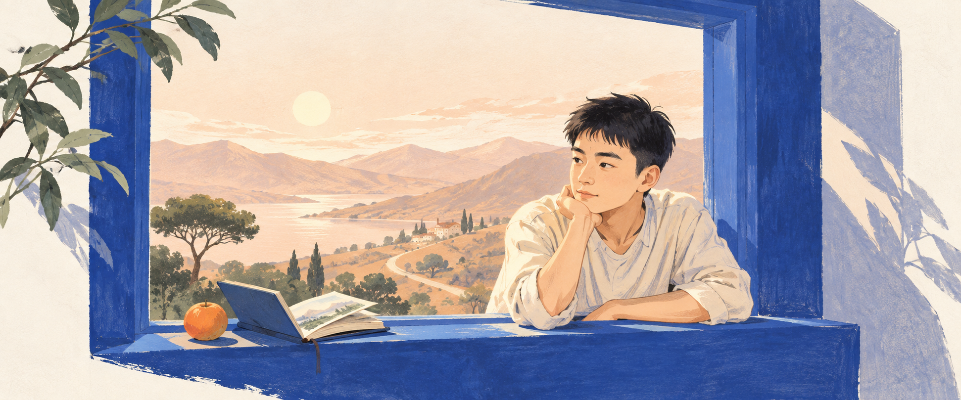 概念插画:承熙倚在钴蓝色窗边,窗台放着一本书,远处是暖色山水。