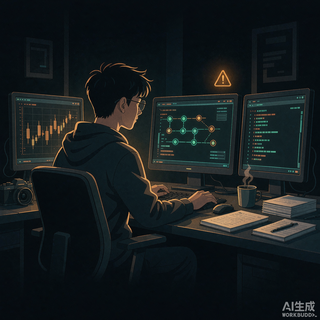 系统工作台概念插画：行情、流程节点与代码三块屏幕，上方有故障警示标识